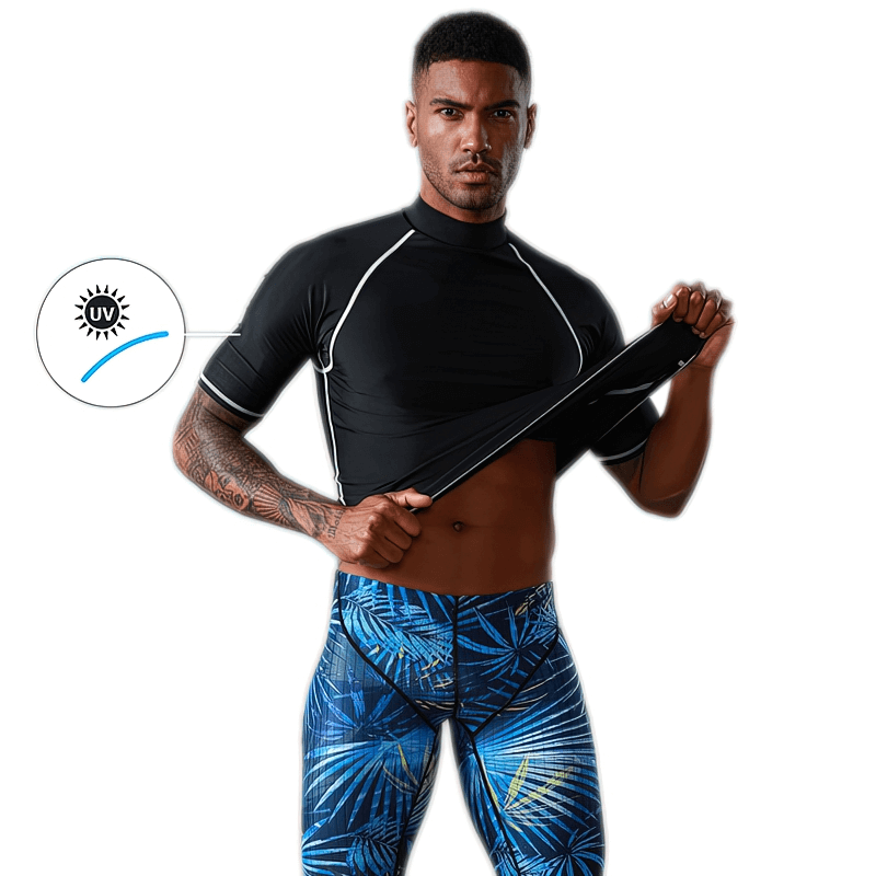 Man wearing a short sleeve elastic beach T-shirt SF0951, showcasing UPF 50+ protection, ideal for water sports and outdoor activities.